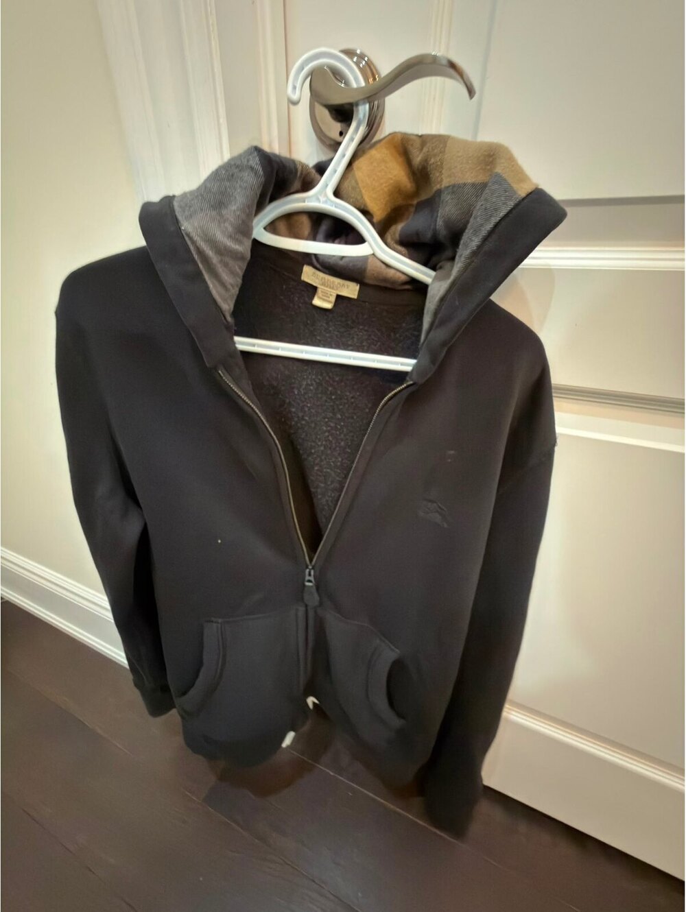 Burberry Black Zip-Up Hoodie with Checkered Hood